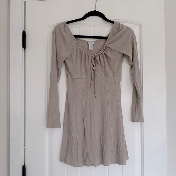 West of Melrose Beige, Cream Cottagecore Tie Front Fall Layering Mini Dress - Picture 2 of 6
